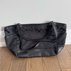 Coach Black Jacquard Signature Tote with Leather Trim